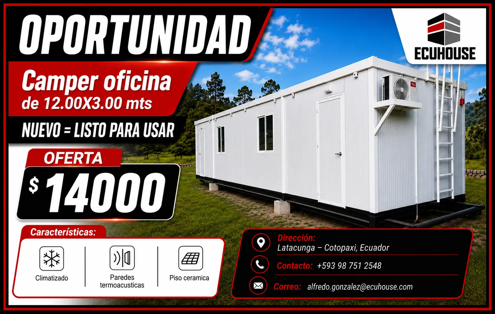 "OPORTUNIDAD" Camper oficina de 12.00X3.00 mts NUEVO = LISTO PARA USAR
